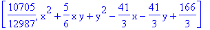 [10705/12987, x^2+5/6*x*y+y^2-41/3*x-41/3*y+166/3]
